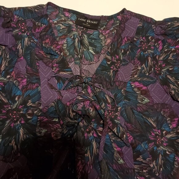 Lane Bryant Woman's Printed Purple/Mauve Short Puff Sleeve Lace Up Blouse - Picture 1 of 8